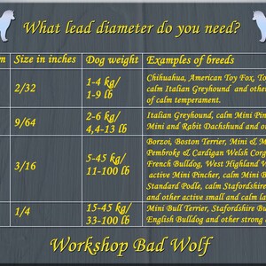 May include: A chart with a gray background and yellow text shows the recommended lead diameter for dogs based on their weight. The chart includes measurements in millimeters and inches, dog weight in kilograms and pounds, and examples of dog breeds.