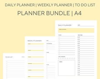 May include: A set of printable planners, including a daily planner, weekly planner, and to-do list. The pages are white with yellow accents and feature sections for scheduling, notes, and staying hydrated. The text "PLANNER BUNDLE | A4" is at the top.
