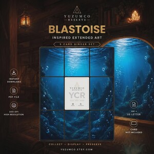 May include: A 9-card binder set featuring Blastoise inspired extended art. The design displays an underwater scene with blue water, bubbles, and rock formations. The center card features the Yuzumco Reserve logo and text. The layout includes icons for instant download, PDF file, 300 DPI, A4 and US letter size, and a note that cards are not included.