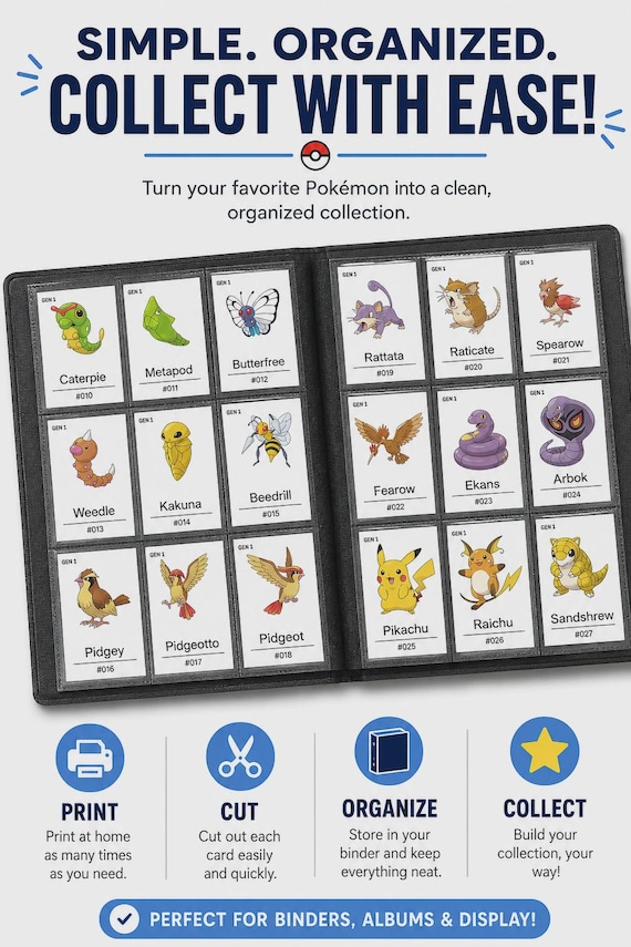 Pokémon Complete Pokédex Placeholder Cards (No. 1-1025 English Names) Printable TCG Binder Inserts, National Dex Card Printable PDF