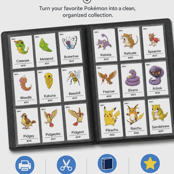 Carte segnaposto complete del Pokédex Pokémon (nomi inglesi n. 1-1025), inserti stampabili per raccoglitori TCG, PDF stampabile per la carta del Pokédex nazionale.