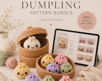 May include: A crochet dumpling pattern bundle featuring a digital tablet displaying instructions, a stacked bamboo-style crochet steamer basket, and several small, colourful, round crocheted dumplings with embroidered smiling faces.