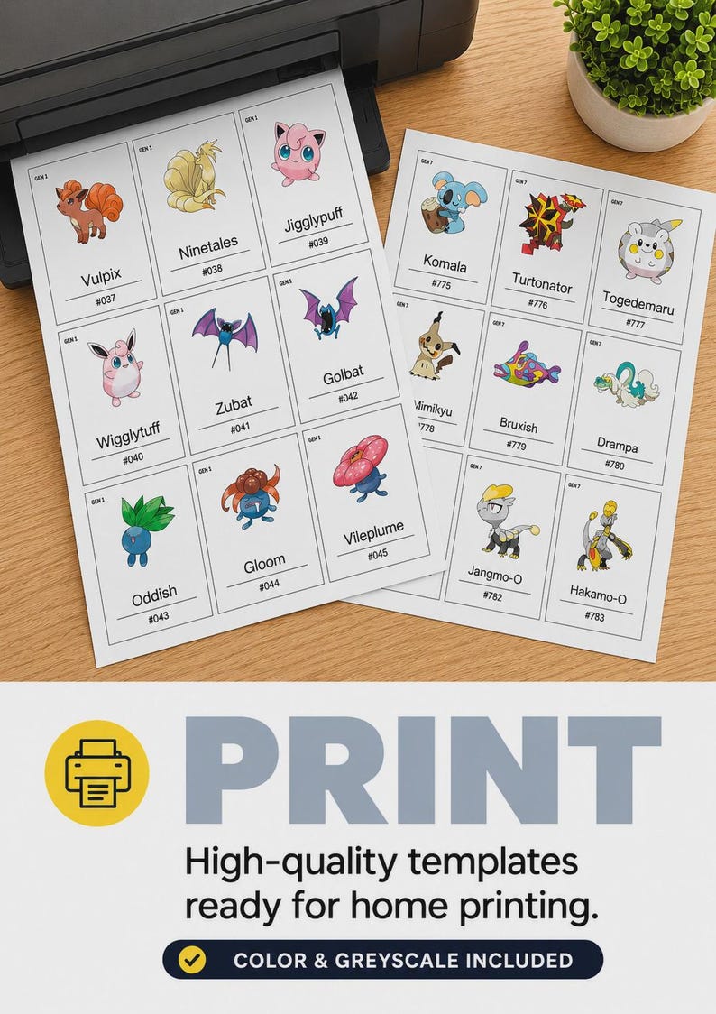 May include: Two white sheets of paper printed with a grid of colourful cartoon creature illustrations and their names, including Vulpix, Ninetales, Jigglypuff, Wigglytuff, Zubat, Golbat, Oddish, Gloom, Vileplume, Komala, Turtonator, Togedemaru, Mimikyu, Bruxish, Drampa, Jangmo-O, and Hakamo-O.