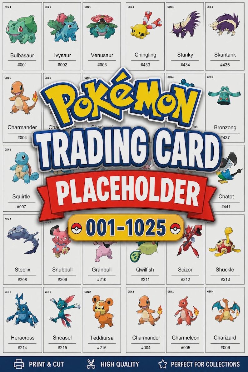 May include: A grid of Pok&eacute;mon character illustrations with their names and identification numbers, featuring a large central logo that reads Pok&eacute;mon Trading Card Placeholder 001-1025. The layout includes various creatures like Bulbasaur, Charmander, and Charizard.