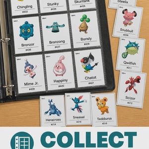May include: A black binder containing nine rectangular trading cards with illustrations of various creatures, each labelled with a name and number. Six additional loose cards are arranged to the right. The text COLLECT, Organize and store your cards with precision, and PERFECT FOR BINDERS &bull; EASY TO ORGANIZE appears at the bottom.