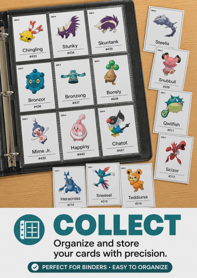 May include: A black binder containing nine rectangular trading cards with illustrations of various creatures, each labelled with a name and number. Six additional loose cards are arranged to the right. The text COLLECT, Organize and store your cards with precision, and PERFECT FOR BINDERS &bull; EASY TO ORGANIZE appears at the bottom.