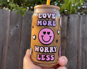 Love more worry less Can Glass, Glass Can, Bamboo Lid, Beer Glass, Beer Can Glass With Straw, Cup with bamboo Lid, Glass Cup, Smiley faces,