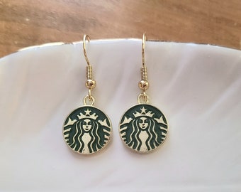 Starbucks Coffee Logo Earrings - Coffee Lover - Starbucks Charm - Coffee Cup - Coffee Jewelry - Dangle Earrings - Coffee Lover Gift