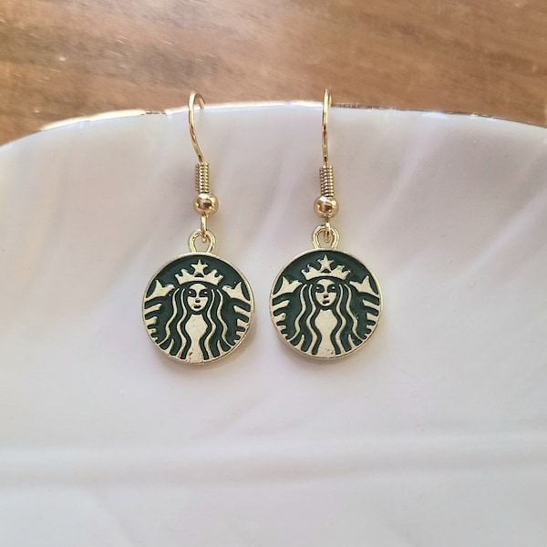 Starbucks Coffee Logo Earrings - Coffee Lover - Starbucks Charm - Coffee Cup - Coffee Jewelry - Dangle Earrings - Coffee Lover Gift