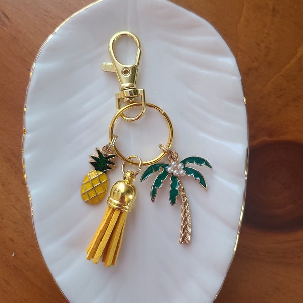 Pineapple Keychain - Pineapple Lover - Pineapple Charm - Palm Tree Charm - Yellow & Green - Summer Pineapple - Green Tassel -Girls Gift Idea
