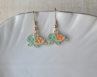 Sea Turtle Earrings: Gold Turtle Charms, Beach Jewelry