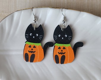 Pumpkin Cat Earrings: Halloween Charm, Cat Lover Gift