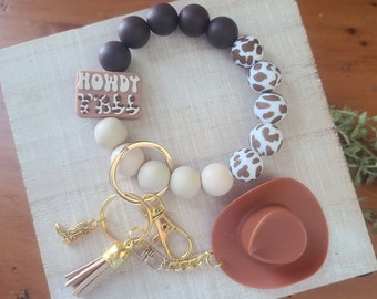 Llavero de pulsera - Pulsera de silicona con cuentas - Llavero de pulsera - Pulsera estilo western - Pulsera para mamá - Dije "Hola a todos" - Dije de vaca estilo western