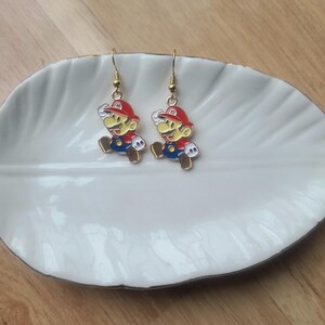 Mario Dangle Earrings: Gold Plated, Nickel-Free - Teen Girl Gift