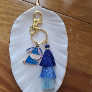 Eeyore Key Chain - Eeyore Lover - Winnie the Pooh Key Chain - Eeyore Charm - Eeyore Jewelry - Gloomy Eeyore - Pooh Bear - Blue Boho Tassel