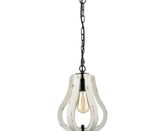 Bartolini Farmhouse Vintage Wood Pendant Light Distressed White Swag Pendant