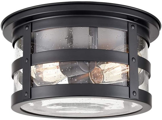 Pescara Industrial Black Flush Mount Ceiling Light Seeded Glass