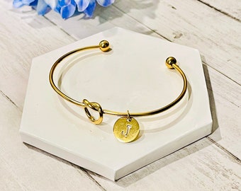 Gold Stainless Steel Love Knot Bracelet, Customizable Bracelet, Gold Bangle Bracelet, Personalize Your Own Bracelet, Stainless Steel