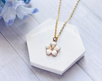 Gold Flower Necklace. Gold Flower Pendant With White Enamel on Gold Stainless Steel Chain, White Flower Pendant, Gold and White Necklace