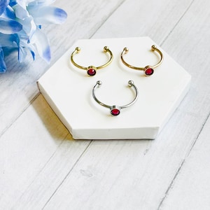 May include: Three nose rings with a red gemstone. The rings are made of gold, silver, and stainless steel.