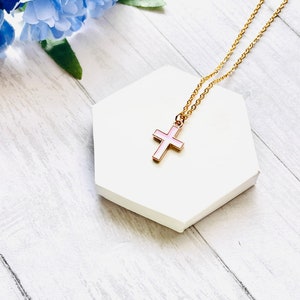 Gold Cross Necklace: Pink Enamel Pendant, Gold Stainless Steel Chain