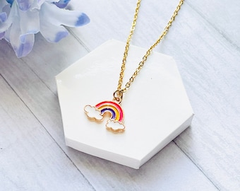 Gold Rainbow Necklace. Gold Rainbow Pendant With Purple, Red and Yellow Enamel on Gold Stainless Steel Chain, Gold Necklace