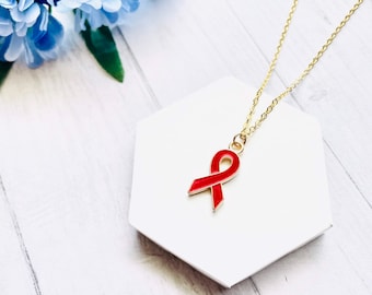 Red Awareness Ribbon Necklace, Red Awareness Ribbon Pendant on Gold Stainless Steel Chain, Awareness Ribbon, Heart & Stroke, Stainless Steel