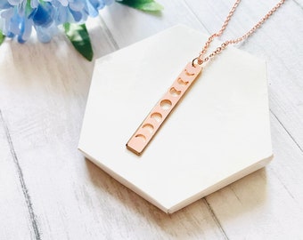 Rose Gold Moon Phase Necklace. Rose Gold Moon Phase Pendant on Stainless Steel Chain