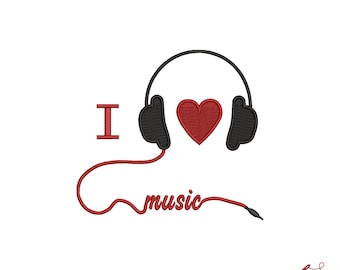 I Love Music- Kopfhörer- Digital Embroidery Machine Design- 4 Größen- Instant download