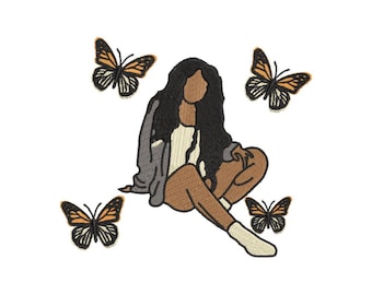 Woman Embroidery Design with butterflies ,Black Girl,  Instant download