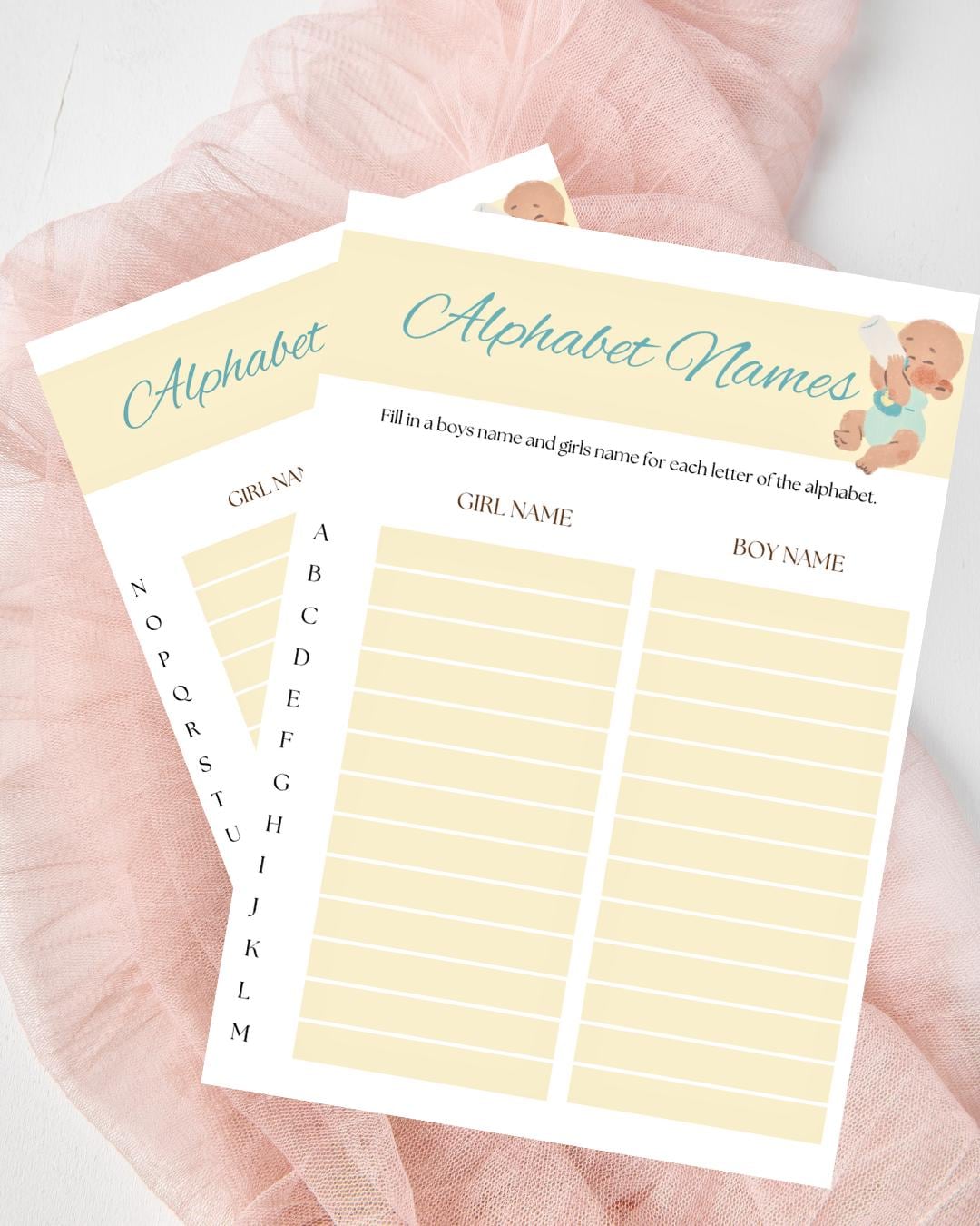 Alphabatic Names Alphabet Baby Names Baby Shower Game Digital Download PDF Printable Fun ...