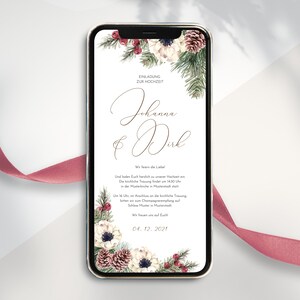 Digitale Hochzeitseinladung Einladung zum versenden per WhatsApp - Personalisierte online Hochzeitseinladung Winter Tannenzweige Anemonen