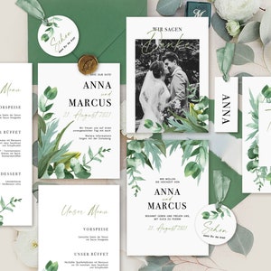 Hochzeitspapeterie Hochzeitseinladung Einladungskarte Save the Date Menükarte Tischnummer Namensschild Anhänger Eukalyptus Grün modern