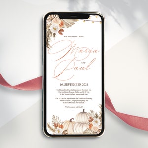 Convite de casamento digital para enviar via WhatsApp - Convite de casamento online personalizado abóbora de outono boho vintage
