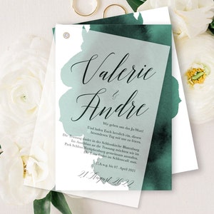 Hochzeitseinladung Einladungskarte Transparentpapier mit Niete A6 Druck auf 300 g Karton einseitig Wasserfarben Aquarelle Smaragd Grün
