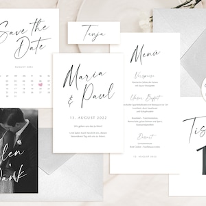 Hochzeitspapeterie Einladungskarte Klappkarte Save the Date Menükarte Tischnummer Namensschild Anhänger Modernline schlicht minimalistisch