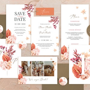 Hochzeitspapeterie Einladungskarte Klappkarte Save the Date Menükarte Tischnummer Namensschild Anhänger Vintage Trockenblumen Boho