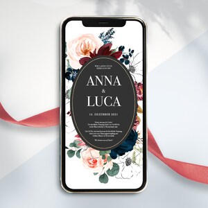 Digitale Hochzeitseinladung Einladung zum versenden per WhatsApp - Personalisierte online Hochzeitseinladung Floral Winter Gold Schwarz