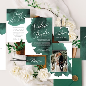 Hochzeitspapeterie Einladungskarte Save the Date Menükarte Tischnummer Namensschild Anhänger Aquarelle Emerald Smaragd Grün