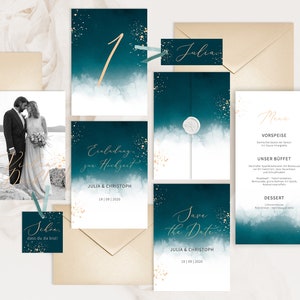Hochzeitspapeterie Einladungskarte Klappkarte Save the Date Menükarte Tischnummer Namensschild Anhänger Aquarelle Maritim Strand Blau