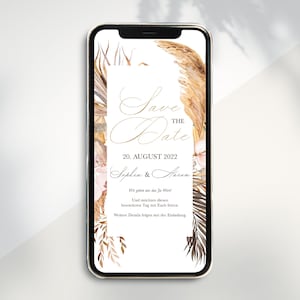 Carte numérique Save the Date à envoyer via WhatsApp - Invitation de mariage en ligne personnalisée Pampa Weed Boho Pampas