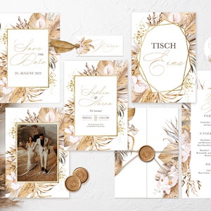 Hochzeitseinladung Einladungskarte Save the Date Menükarte Tischnummer A6 Druck 300g Karton Pampasgras Pampas Boho