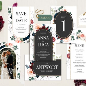 Hochzeitspapeterie Einladungskarte Postkarte Save the Date Menükarte Tischnummer Antwortkarte Anhänger Aquarelle Opulent Blumen