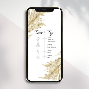 Routine quotidienne numérique à envoyer via WhatsApp - Invitation de mariage en ligne personnalisée Itinéraire quotidien Pampa Herbe Boho Feuilles de palmier