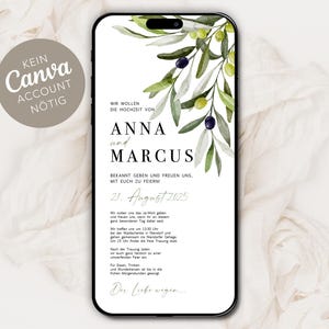 Digitale Hochzeitseinladung zum versenden per WhatsApp - Personalisierte online Einladung zur Hochzeit mediterrane Olive TREND 2025