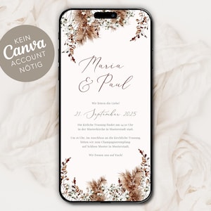 Invito di nozze digitale da inviare tramite WhatsApp - Invito di nozze online personalizzato con fiori secchi Pampas Boho
