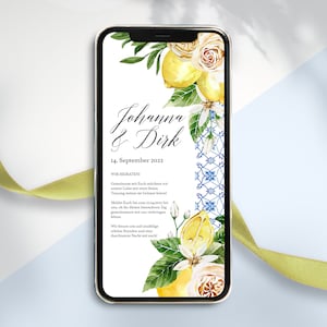 Digitale Hochzeitseinladung Einladung zum versenden per WhatsApp - Personalisierte online Hochzeitseinladung Sommer Italien Zitronen Kacheln