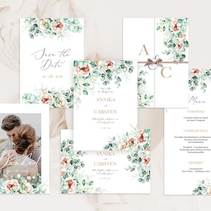 Hochzeitspapeterie Hochzeitseinladung Einladungskarte Save the Date Menükarte Tischnummer floral Vintage Eukalyptus mit Rosen
