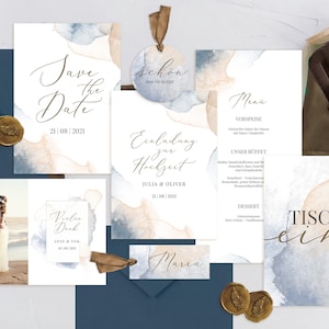 Hochzeitspapeterie Einladungskarte Save the Date Menükarte Tischnummer Namensschild Anhänger Aquarelle Blau Strand