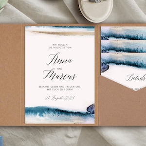 Pocketfold Einladung Hochzeitseinladung Einladungskarte Pocketfoldkarte Tagesablauf Details maritim Aquarelle